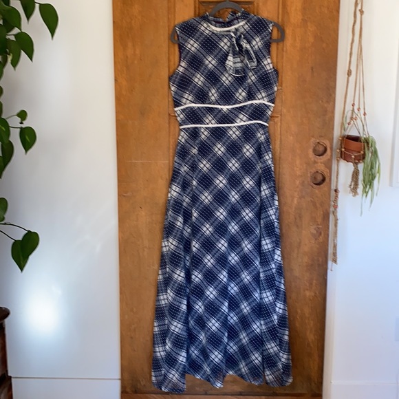 Vintage Plaid maxi dress prairie folk blue white - Picture 3 of 11